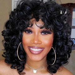 Short Curly Wig with Bangs Heat Resistant Synthetic Afro Kinky Curls Hair