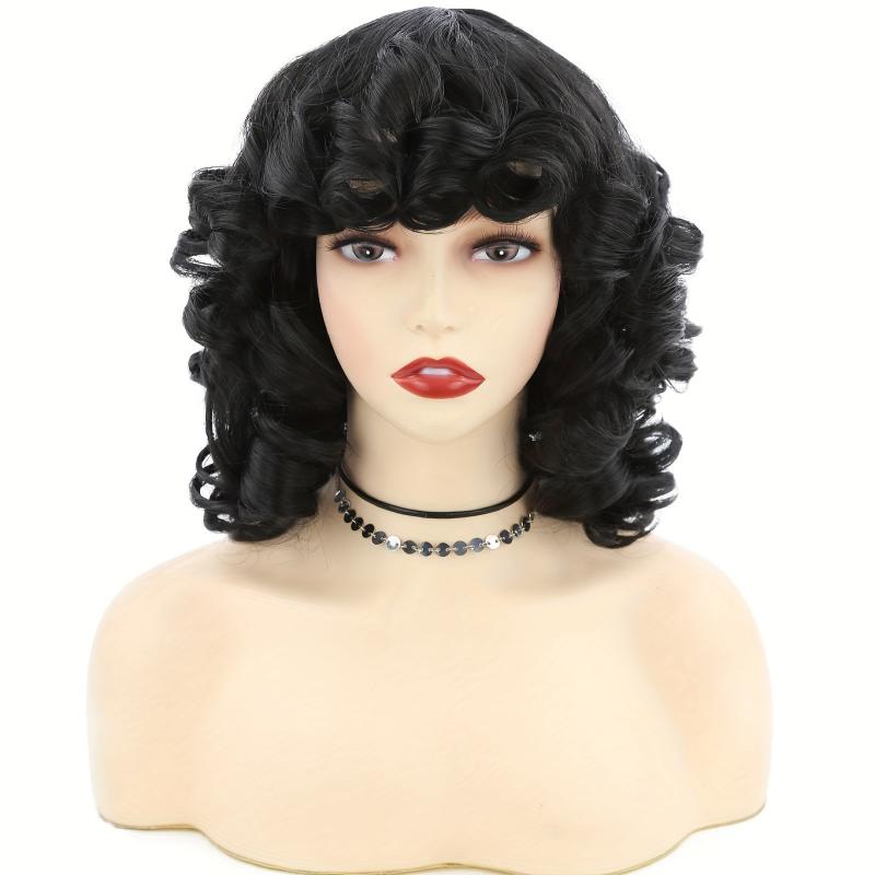 Short Curly Wig with Bangs Heat Resistant Synthetic Afro Kinky Curls Hair