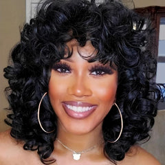 Short Curly Wig with Bangs Heat Resistant Synthetic Afro Kinky Curls Hair