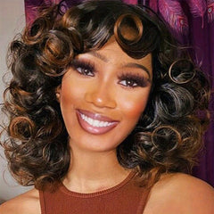 Short Curly Wig with Bangs Heat Resistant Synthetic Afro Kinky Curls Hair