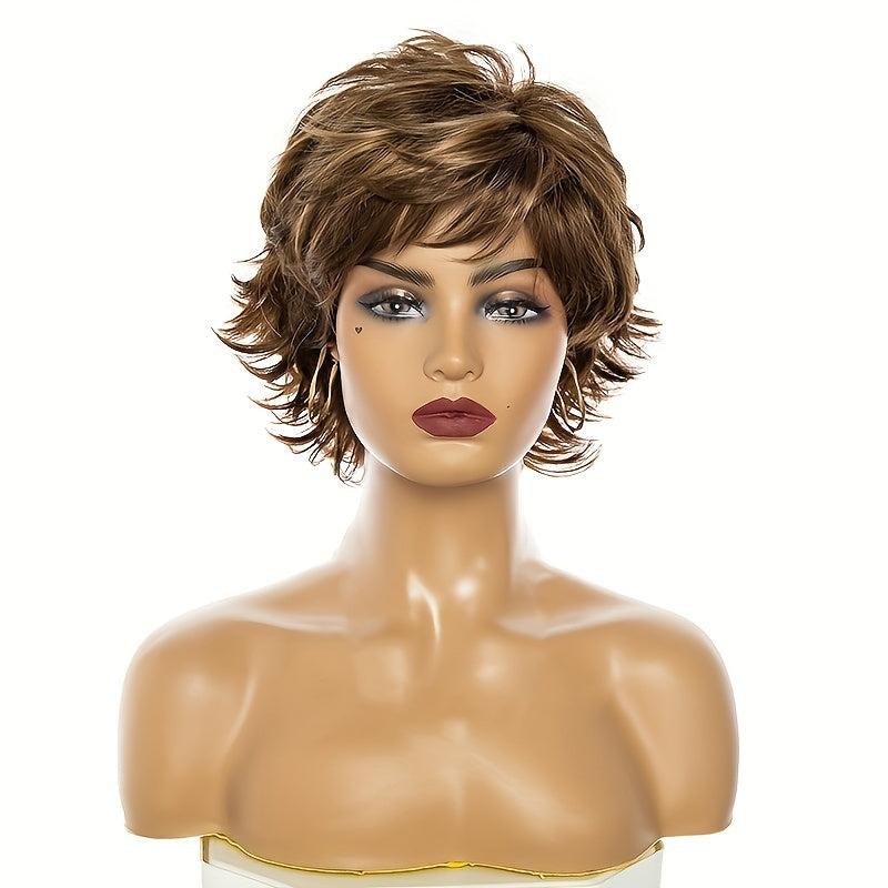 Short Curly Wigs For Women Mixed Brown Wig Pixie Cut Wavy Layered Synthetic Hair