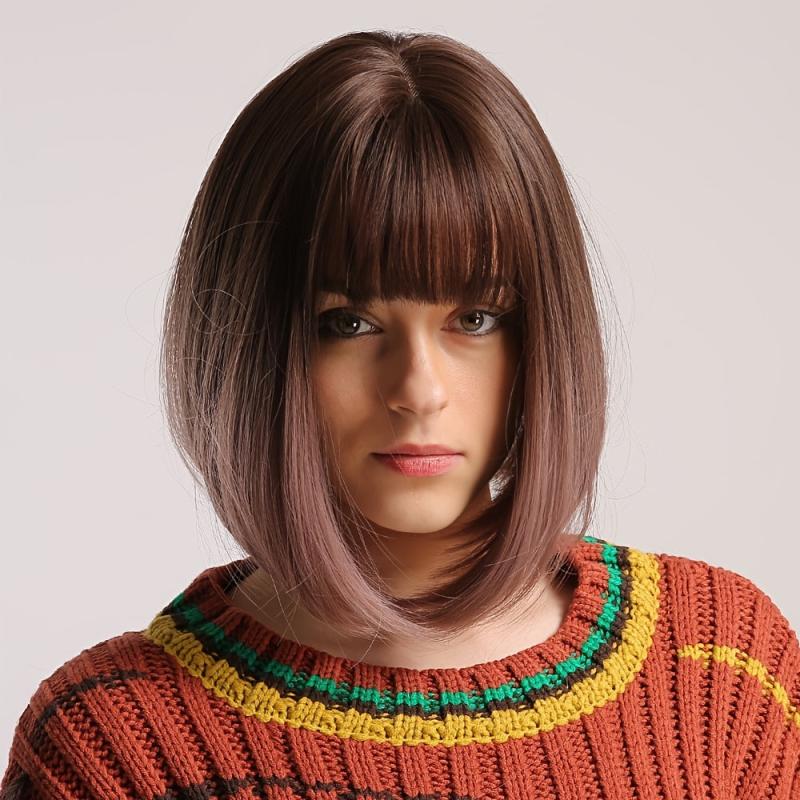Ombre Short Bob Wig With Bangs Straight Synthetic Hair 30 48 Cm