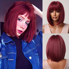 Short Straight Hair Wigs With Bangs Bob Straight Synhtietic None Lace Wigs