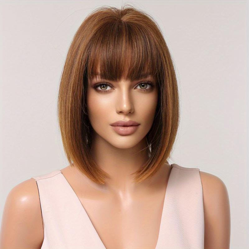 Short Straight Hair Wigs With Bangs Bob Straight Synhtietic None Lace Wigs