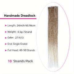 Hippie Dreadlock Extensions 10 Strands Synthetic Hair Crochet Braiding 60-96cm