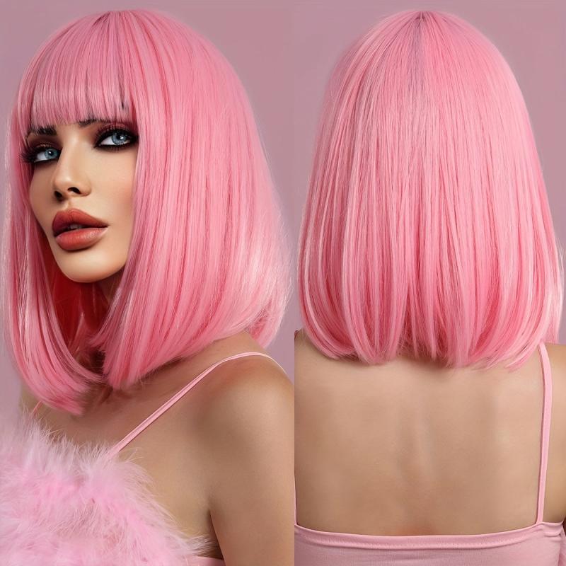 Pink Short Bob Wig Straight Hair Synthetic Fiber
