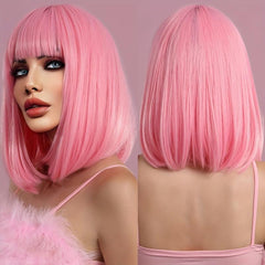 Pink Short Bob Wig Straight Hair Synthetic Fiber