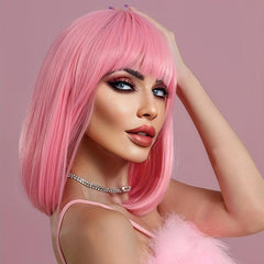 Pink Short Bob Wig Straight Hair Synthetic Fiber
