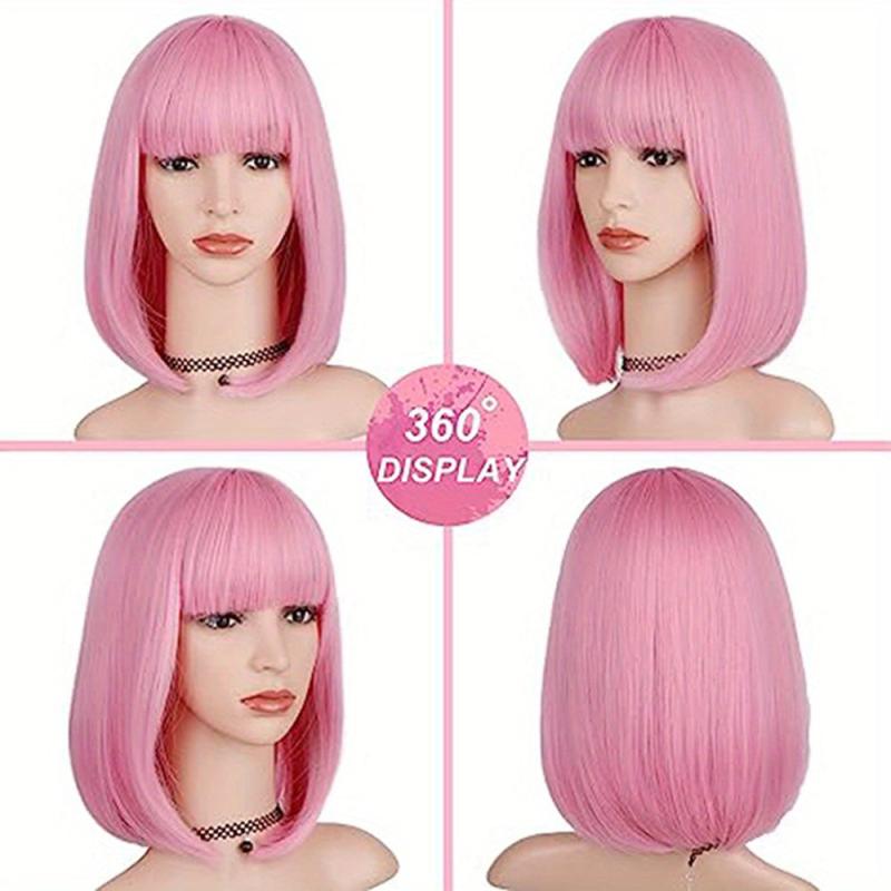 Pink Short Bob Wig Straight Hair Synthetic Fiber