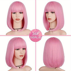 Pink Short Bob Wig Straight Hair Synthetic Fiber