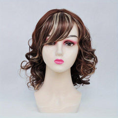 Medium Long Curly Bob Cut Wig With Bangs Synthetic Wig Heat Resistant