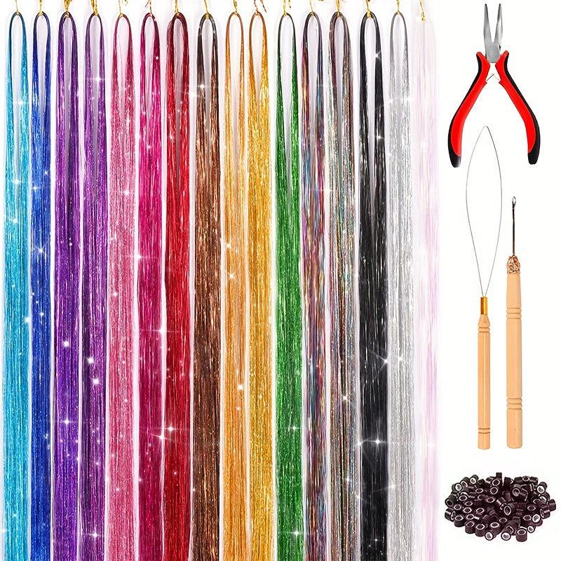 Glitter Tinsel Hair Extension Kit 3200 Strands 16 Mixed Colors