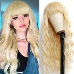 26 Inch Long Curly Wig with Bangs, Corn Perm, Synthetic Fiber Headband