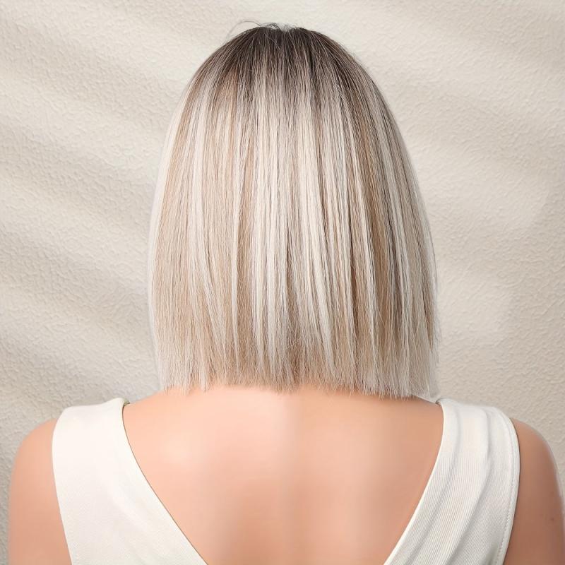 Short Bob Wig Women Synthetic Hair Blonde Highlights Middle Part