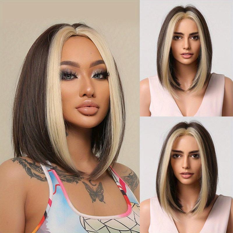 Short Bob Wig Women Synthetic Hair Blonde Highlights Middle Part