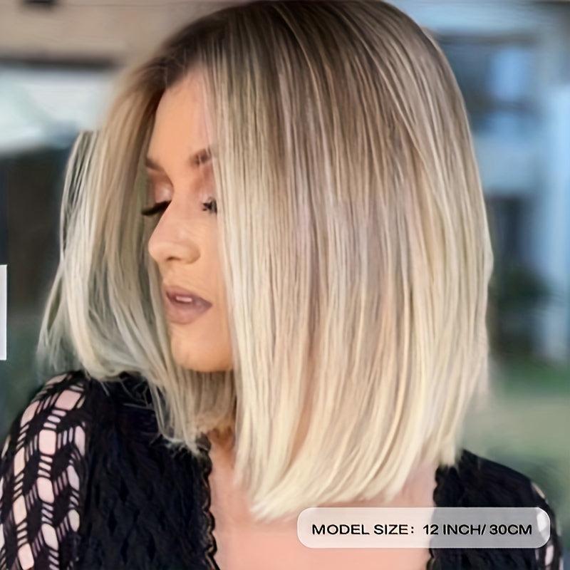 Short Bob Wig Women Synthetic Hair Blonde Highlights Middle Part