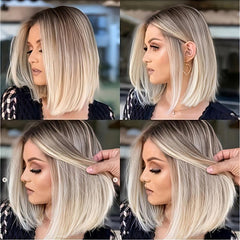 Short Bob Wig Women Synthetic Hair Blonde Highlights Middle Part