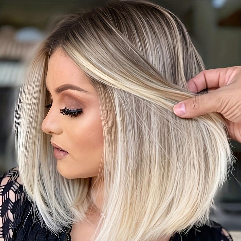 Short Bob Wig Women Synthetic Hair Blonde Highlights Middle Part