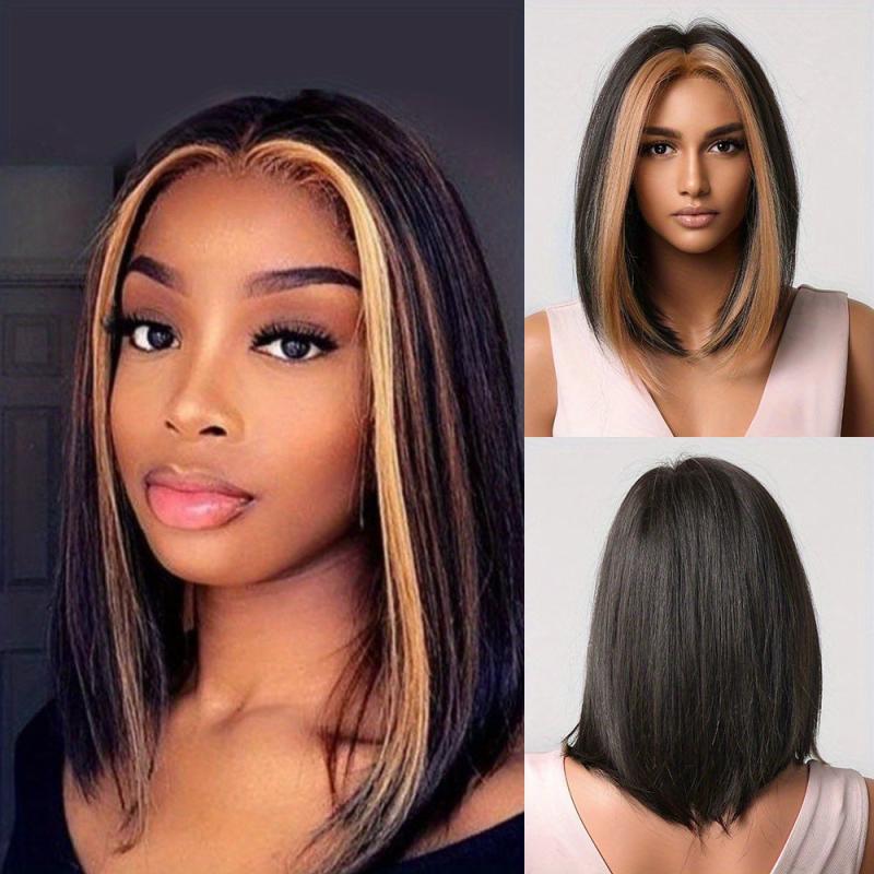Short Bob Wig Women Synthetic Hair Blonde Highlights Middle Part