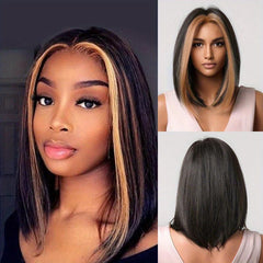 Short Bob Wig Women Synthetic Hair Blonde Highlights Middle Part