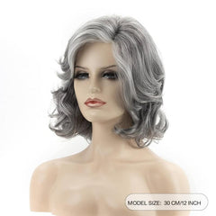 Short Gray Wavy Wig with Silvery Bangs for Women