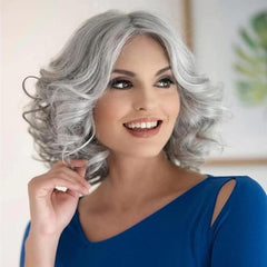 Short Gray Wavy Wig with Silvery Bangs for Women