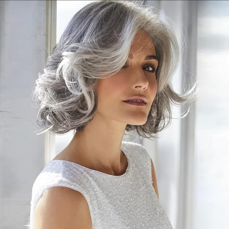 Short Gray Wavy Wig with Silvery Bangs for Women