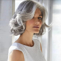 Short Gray Wavy Wig with Silvery Bangs for Women