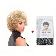 25cm Blonde Short Curly Wig Synthetic High Temp Fiber Mesh Net Wig Head Cover