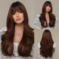 Long Dark Brown Body Wave Wig With Bangs