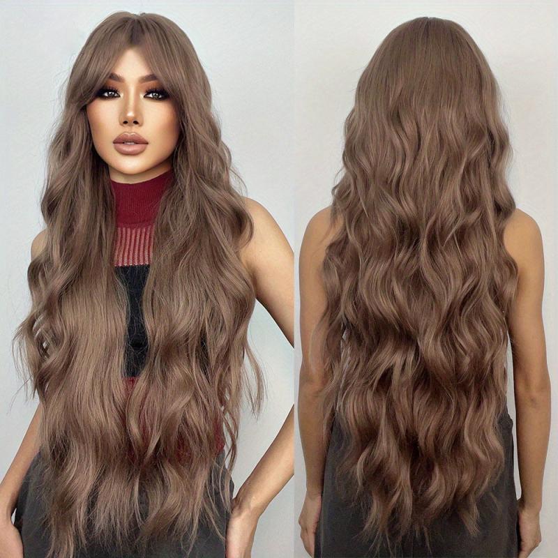 Long Dark Brown Body Wave Wig With Bangs