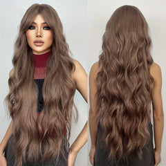 Long Dark Brown Body Wave Wig With Bangs