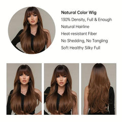 Long Dark Brown Body Wave Wig With Bangs