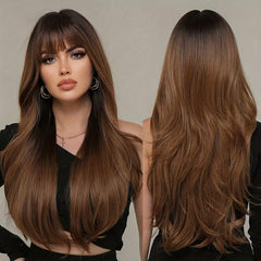 Long Dark Brown Body Wave Wig With Bangs