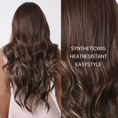 Allbell Long Wavy Brown Highlight Blonde Middle Part Synthetic Wigs