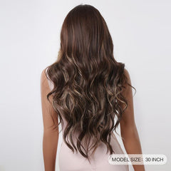 Allbell Long Wavy Brown Highlight Blonde Middle Part Synthetic Wigs