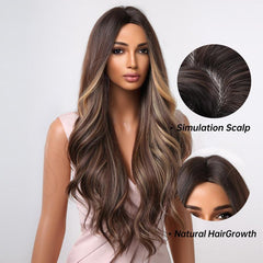 Allbell Long Wavy Brown Highlight Blonde Middle Part Synthetic Wigs