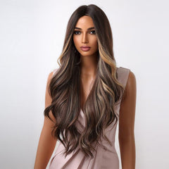 Allbell Long Wavy Brown Highlight Blonde Middle Part Synthetic Wigs