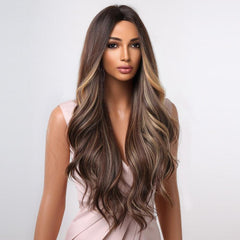 Allbell Long Wavy Brown Highlight Blonde Middle Part Synthetic Wigs
