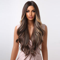 Allbell Long Wavy Brown Highlight Blonde Middle Part Synthetic Wigs