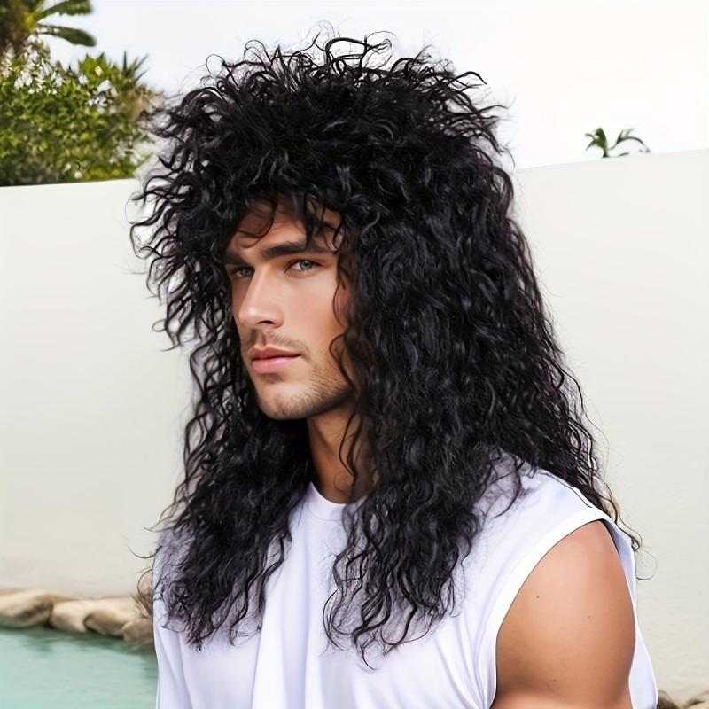 80s Rock Male Wig Long Curly Punk Heavy Metal Mullet Cosplay Wig