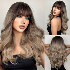 Long Body Wave Hair Wigs with Bangs Natural Looking Synthetic Wavy Wigs