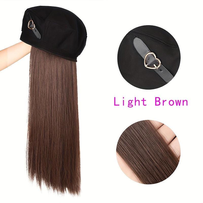 Long Straight Hair Wig with Heart Decor Beret Cap for Women Girls
