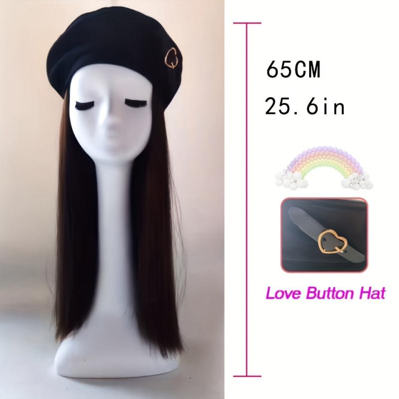 Long Straight Hair Wig with Heart Decor Beret Cap for Women Girls