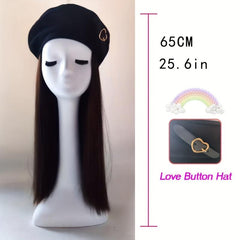 Long Straight Hair Wig with Heart Decor Beret Cap for Women Girls
