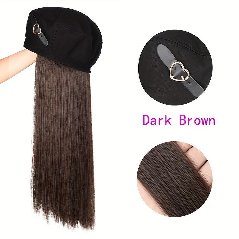 Long Straight Hair Wig with Heart Decor Beret Cap for Women Girls