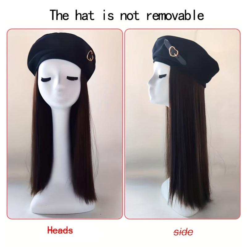 Long Straight Hair Wig with Heart Decor Beret Cap for Women Girls