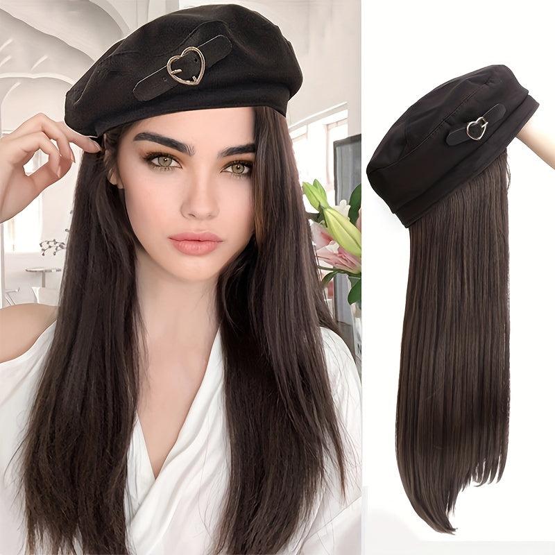 Long Straight Hair Wig with Heart Decor Beret Cap for Women Girls