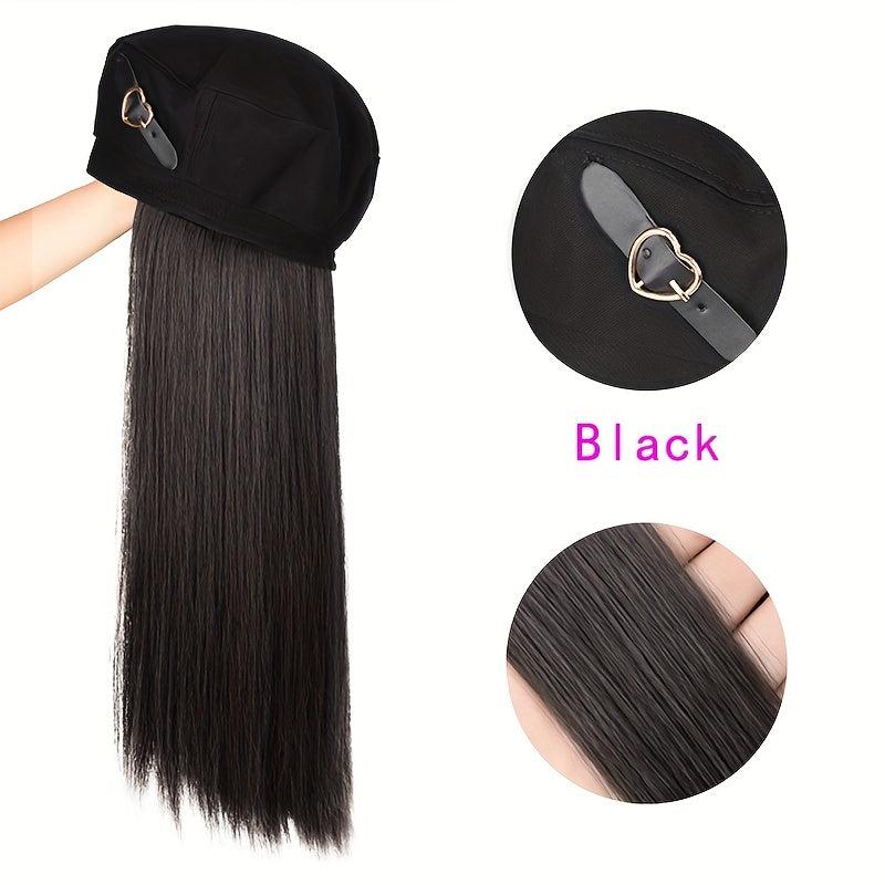 Long Straight Hair Wig with Heart Decor Beret Cap for Women Girls