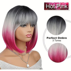 Ombre Short Straight Bob Cut Wig With Bangs Synthetic Wig Heat Resistant